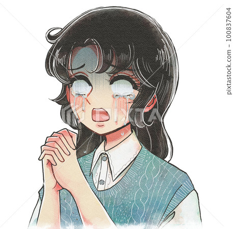 震驚...哭泣向上帝祈禱的卡通女孩風格的女人 100837604