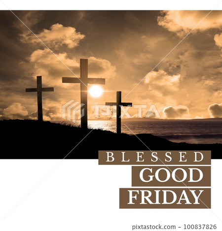 Image of blessed good friday text over clouds and crosses Image of blessed good friday text over clouds and crosses 100837826