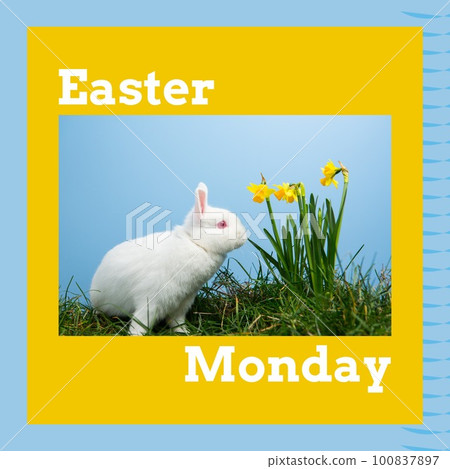 Image of easter monday text over rabbit on grass on blue background Image of easter monday text over rabbit on grass on blue background 100837897