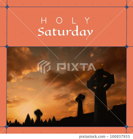 Image of holy saturday text over landscape and crosses Image of holy saturday text over landscape and crosses 100837933
