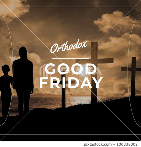 Image of good friday text over silhouette of couple holding hands and crosses Image of good friday text over silhouette of couple holding hands and crosses 100838002