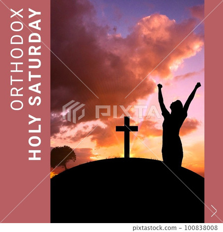 Composition of orthodox holy saturday text and woman praying by christian cross Composition of orthodox holy saturday text and woman praying by christian cross 100838008