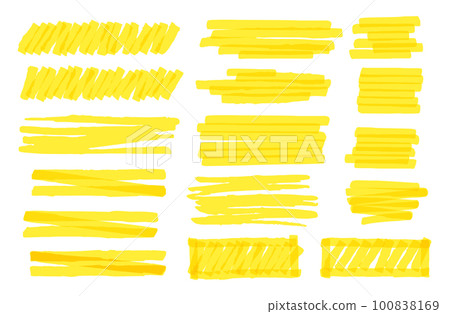 Yellow marker stroke lines, markers stripes. Highlighter for text, hand drawn elements to underline pen. Bright lines 100838169