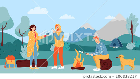 People camping. Friends having rest outdoor. Woman giving hot tea to male character. Guy sitting on log and grilling 100838217