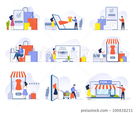 Online shopping, Mobile shopping, internet store and shop website on smartphone vector illustrations set Online shopping, Mobile shopping, internet store and shop website on smartphone vector illustrations set 100838231