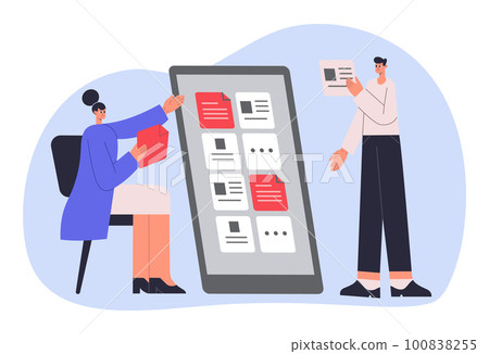 Kanban board, management and organization business process. Man and woman employees working together in tasks Kanban board, management and organization business process. Man and woman employees working together in tasks 100838255