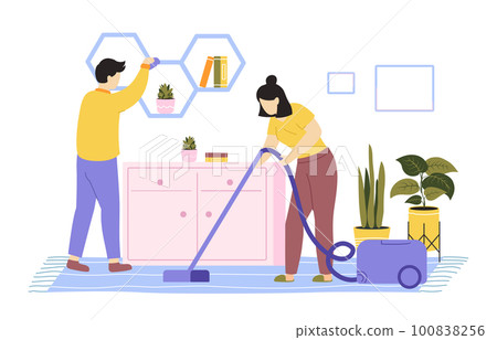 House cleaning. Young couple cleaning and washing house, daily home routines. Cartoon woman vacuuming carpet 100838256