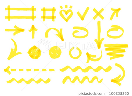 Hand drawn marker strokes. Bright yellow marker different shapes. Hand drawn dotted and wavy arrows and lines 100838260