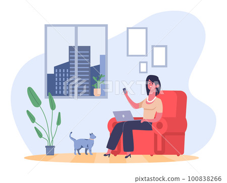 Freelance working person concept. Businesswoman sitting in armchair with laptop and smartphone. Female character 100838266