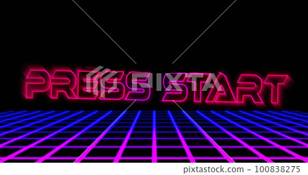 Composition of press start text in pink neon font over grid on black background 100838275