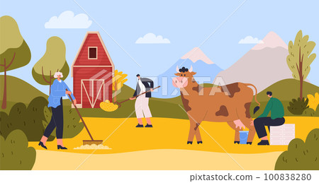 Farmer characters at farm agriculture. Man sitting and milking cow into bucket. Female and male characters working Farmer characters at farm agriculture. Man sitting and milking cow into bucket. Female and male characters working 100838280