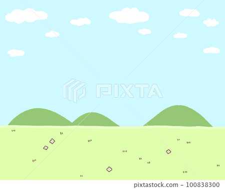 Simple cartoon style meadow and mountain background 100838300
