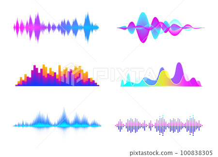 Colorful sound waves. Audio signal wave, color gradient music waveforms and digital studio equalizer vector set 100838305