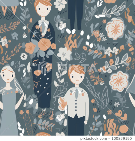 Seamless wedding pattern with bride and groom, wedding dresses, suits. Generative AI 100839190