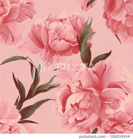 Seamless pattern with large peonies on a pink background. Generative ai 100839244