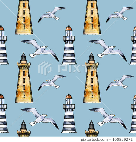 Seamless pattern with different lighthouses and seagull on gray background. Watercolor illustration. Hand draw sketch. 100839271