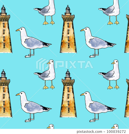 Watercolor seamless pattern with lighthouses and seagull on mint background. Hand draw sketch. 100839272
