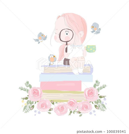 Cartoon Illustration of Girl sitting on Stack of Book and holding a Magnifying Glass Cartoon Illustration of Girl sitting on Stack of Book and holding a Magnifying Glass 100839341
