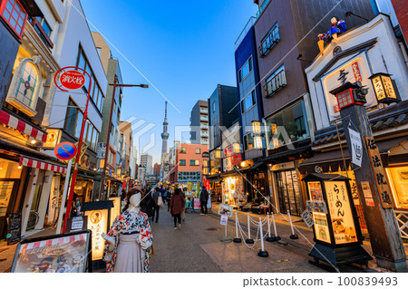 Asakusa, Taito Ward, Tokyo Denboin Street and Sky Tree in the evening 100839493