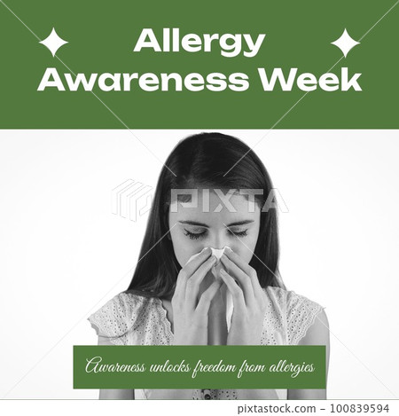 Composition of allergy awareness week text and caucasian woman blowing nose Composition of allergy awareness week text and caucasian woman blowing nose 100839594