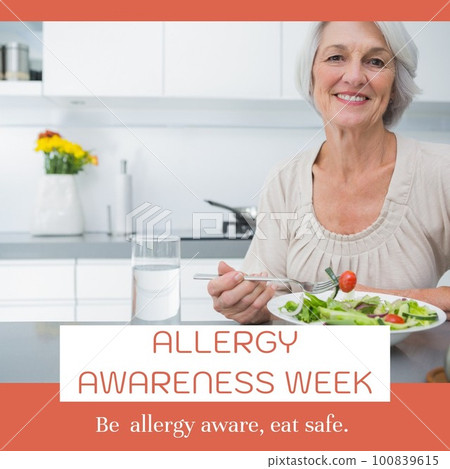 Composition of allergy awareness week text and happy caucasian woman with salad Composition of allergy awareness week text and happy caucasian woman with salad 100839615