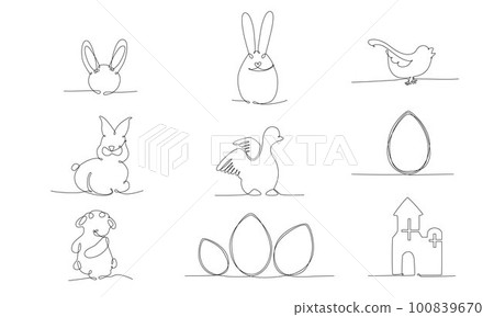 Easter continues one line pack. Vector stock illustration set isolated on white background for design template egg hunt, invitation, greeting card, menu. Editable stroke single line. EPS10 100839670