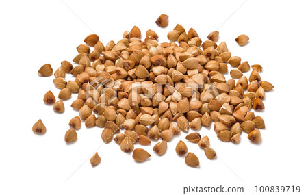 Loose pile of buckwheat isolated on white background. Macro close-up. Top view 100839719