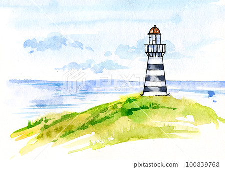 Watercolor illustration of lighthouse and sea, beach with grass and sky with clouds. Hand draw scetch. Seascape without peaple. Watercolor illustration of lighthouse and sea, beach with grass and sky with clouds. Hand draw scetch. Seascape without peaple. 100839768