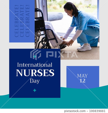 Composition of international nurses day text over asian female nurse with patient in wheelchair 100839881