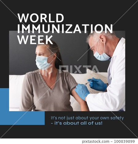 Composite of world immunization week text and caucasian doctor injecting patient Composite of world immunization week text and caucasian doctor injecting patient 100839899