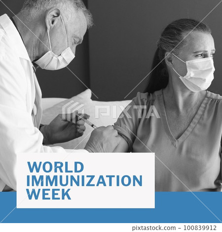 Composite of world immunization week text over caucasian male doctor injecting female patient Composite of world immunization week text over caucasian male doctor injecting female patient 100839912