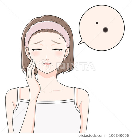 A woman with a hair band suffering from a mole Magnified close her eyes A woman with a hair band suffering from a mole Magnified close her eyes 100840096