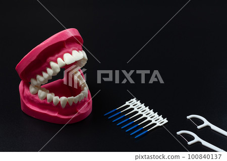 Human jaw layout, interdental toothpick brushes and flossing toothpicks. Human jaw layout, interdental toothpick brushes and flossing toothpicks. 100840137