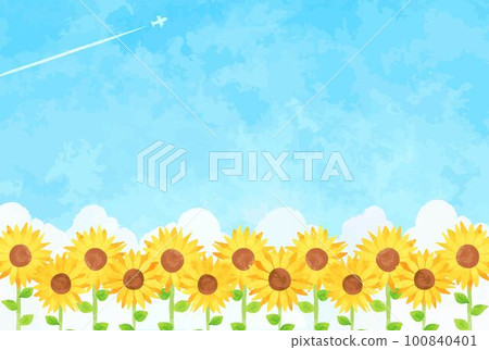 Landscape illustration of a refreshing summer sky and a sunflower field 100840401