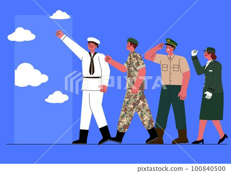 group of soldiers walking together toward a door 100840500