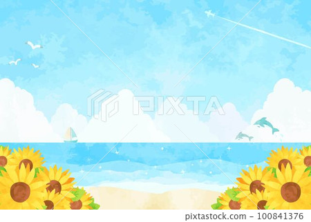 Refreshing summer sea and sunflower landscape illustration 100841376