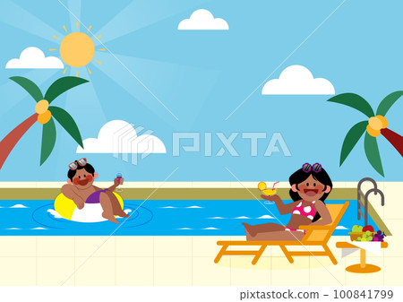 background with happy couple characters enjoying swimming, tanning in the pool 100841799