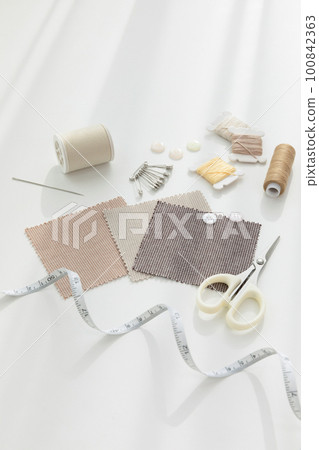 aesthetic photo of handmade, crafting hobbies, fabric sample and thread needle 100842363