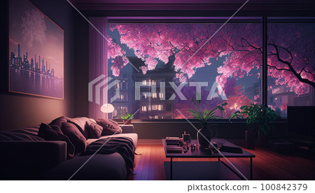 Living room with a view of cherry blossoms at night Watercolor illustration AI image 100842379