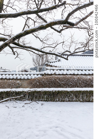 beautiful snowing winter scenery in Suwon Hwaseong Haenggung in Korea beautiful snowing winter scenery in Suwon Hwaseong Haenggung in Korea 100842466