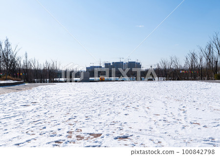 park covered with snow in winter 100842798