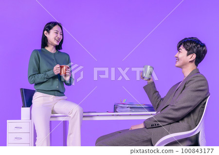 business working concept, young Korean Asian woman and man, having conversations with coffee business working concept, young Korean Asian woman and man, having conversations with coffee 100843177