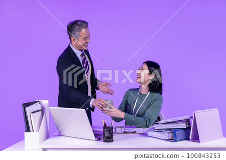 relationship and conflict between younger and older workers concept, Korean Asian young woman and manager level older man relationship and conflict between younger and older workers concept, Korean Asian young woman and manager level older man 100843253