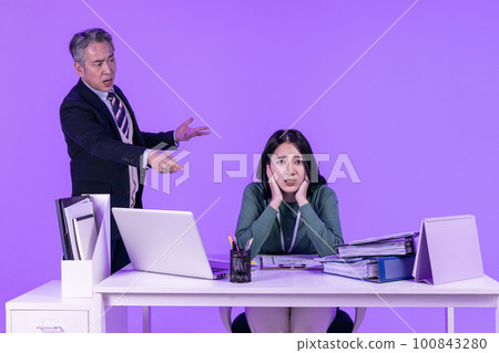 relationship and conflict between younger and older workers concept, Korean Asian young woman and manager level older man relationship and conflict between younger and older workers concept, Korean Asian young woman and manager level older man 100843280