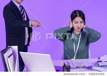 relationship and conflict between younger and older workers concept, Korean Asian young woman and manager level older man relationship and conflict between younger and older workers concept, Korean Asian young woman and manager level older man 100843400