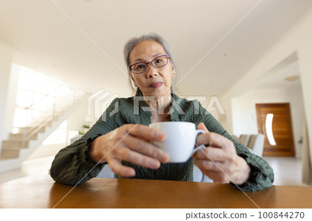 Worried senior asian woman having video call 100844270