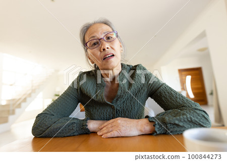 Worried senior asian woman having video call Worried senior asian woman having video call 100844273