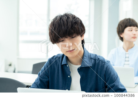 Young men and women receiving a lecture Young men and women receiving a lecture 100844386