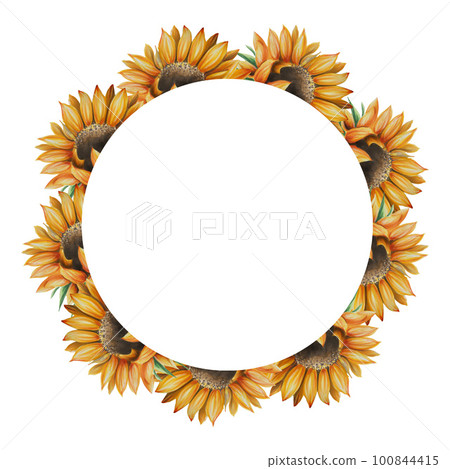 Watercolor frame and logo with sunflowers. Hand painting clipart on an isolated background. Print for wedding invitation, designers, decoration, textile, poster, scrapbooking, card, invitation, tags 100844415