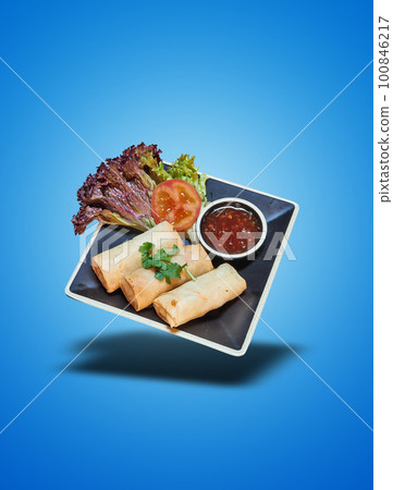 Floating Chicken Roll on Black Plate on blue gradient 100846217